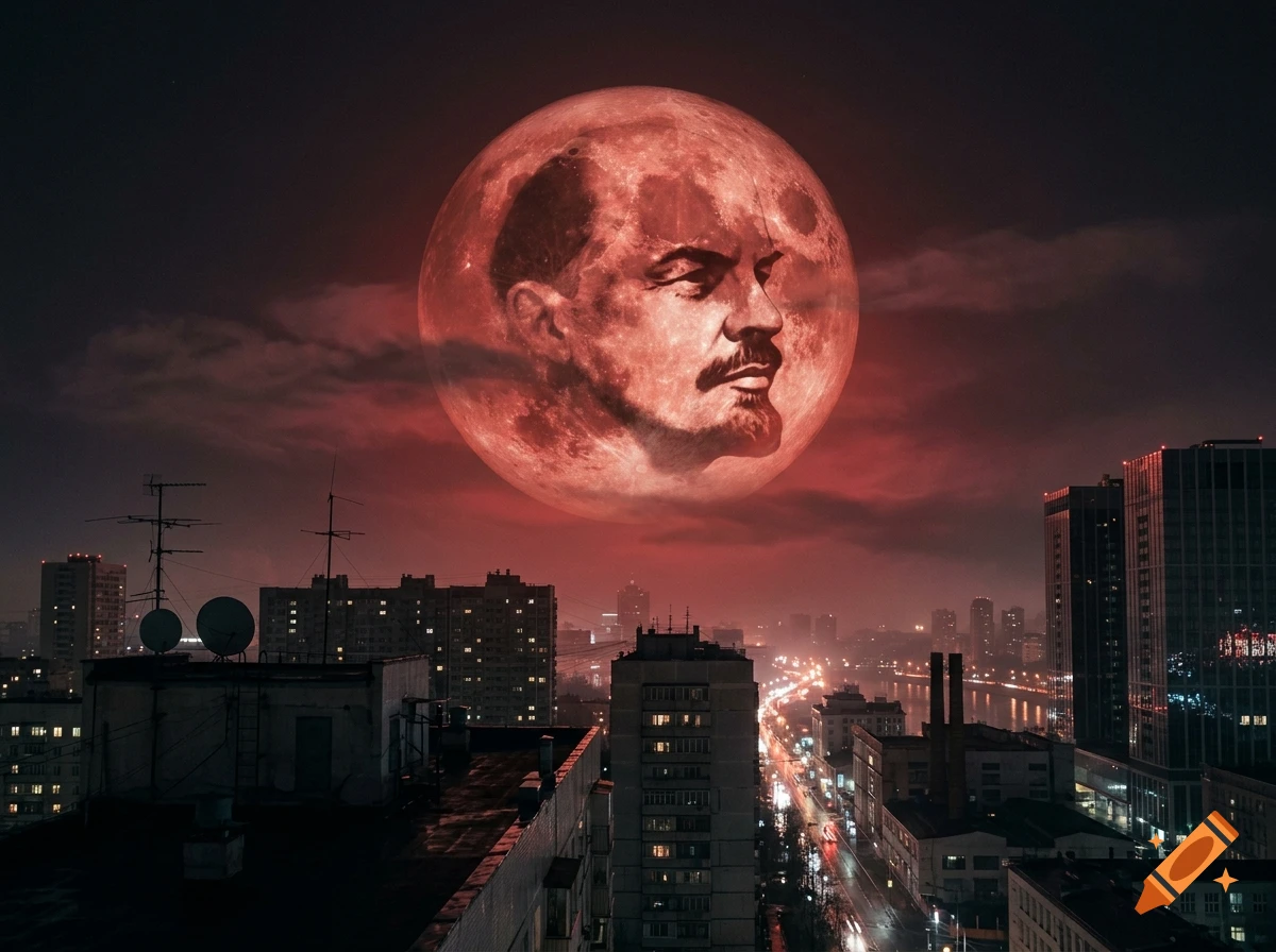 A surreal photorealistic view of a glowing red moon shaped like Vladimir Lenin's head hanging over a city skyline at night.