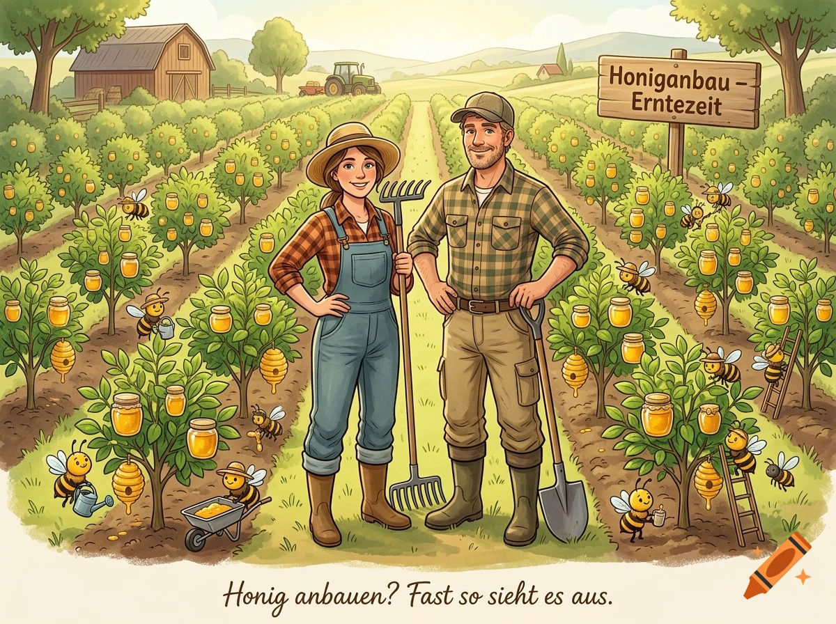 Illustration of a smiling farmer couple in a field of honey-producing trees with jars and bees, and a sign reading Honiganbau – Erntezeit.