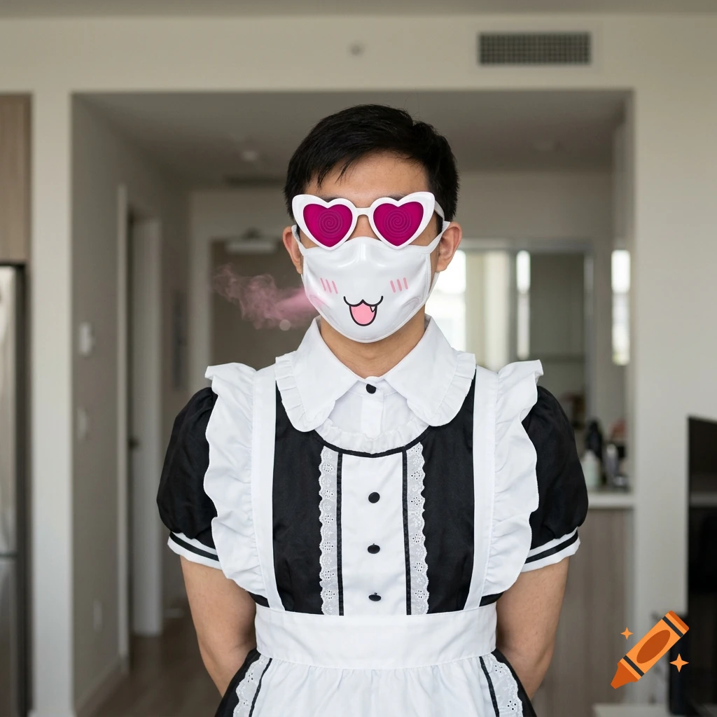 A person wearing a maid outfit, a cat-themed face mask, and heart-shaped sunglasses, standing in an apartment.