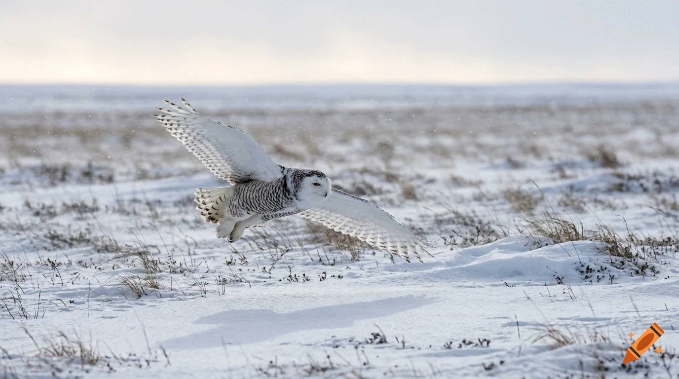 A snowy owl in flight over a snow-covered landscape.