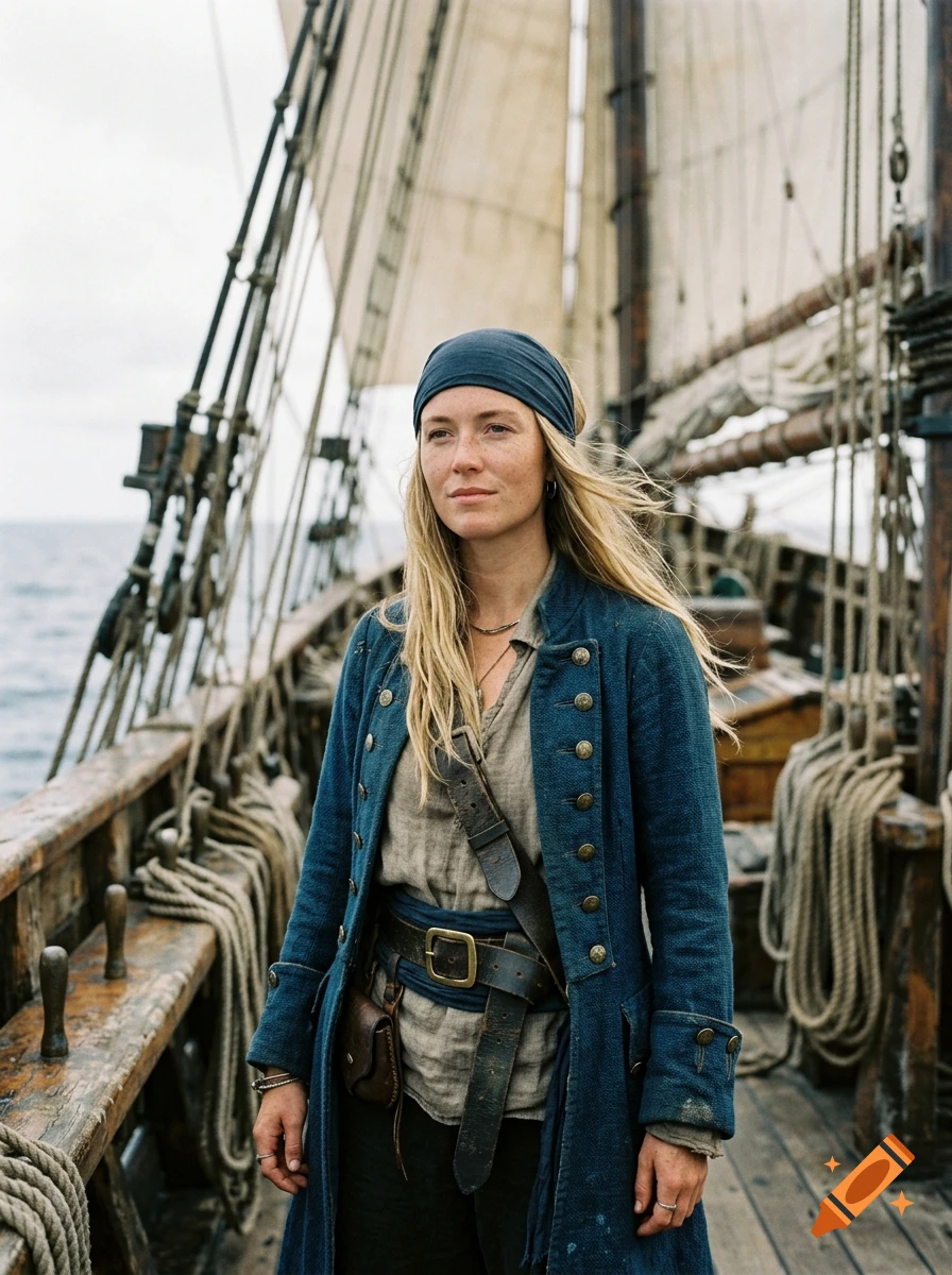 Photorealistic portrait of a young blonde female pirate wearing a blue coat and headscarf aboard a wooden ship.