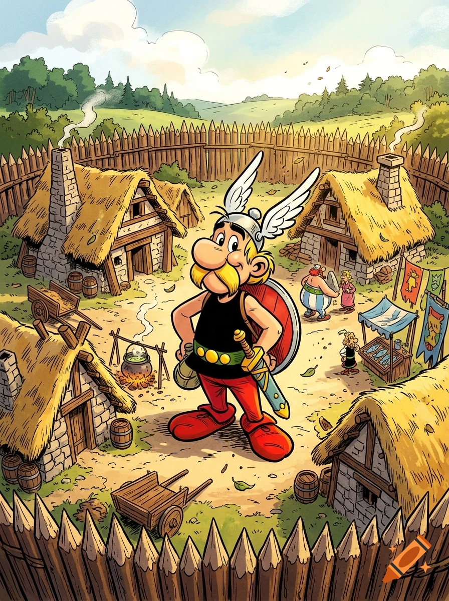 Comic illustration of Asterix standing in the center of a fortified Gaulish village with round houses and wooden palisade fence.