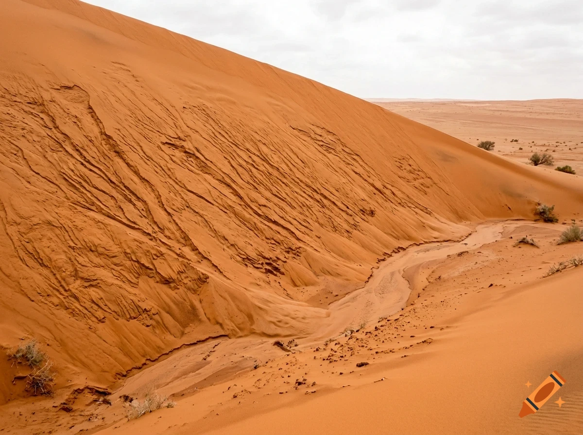 A vast desert landscape featuring a large red sand dune with textured slopes and a dry riverbed running through the valley under a cloudy sky.