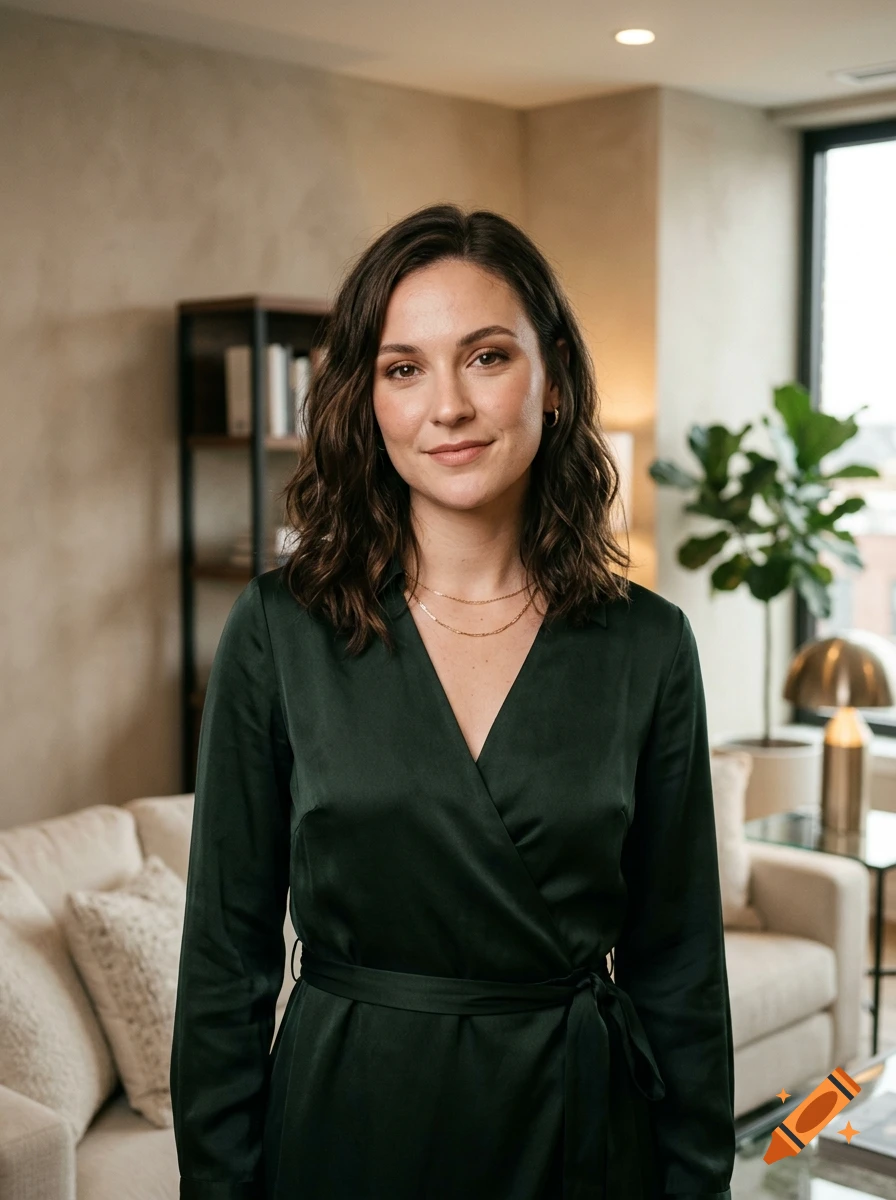 Photorealistic medium shot of a woman with dark wavy hair wearing a green silk wrap dress, standing in a modern living room.