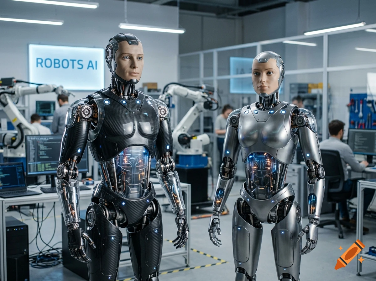 Photorealistic image of two humanoid robots standing in a high-tech laboratory with workers in the background.