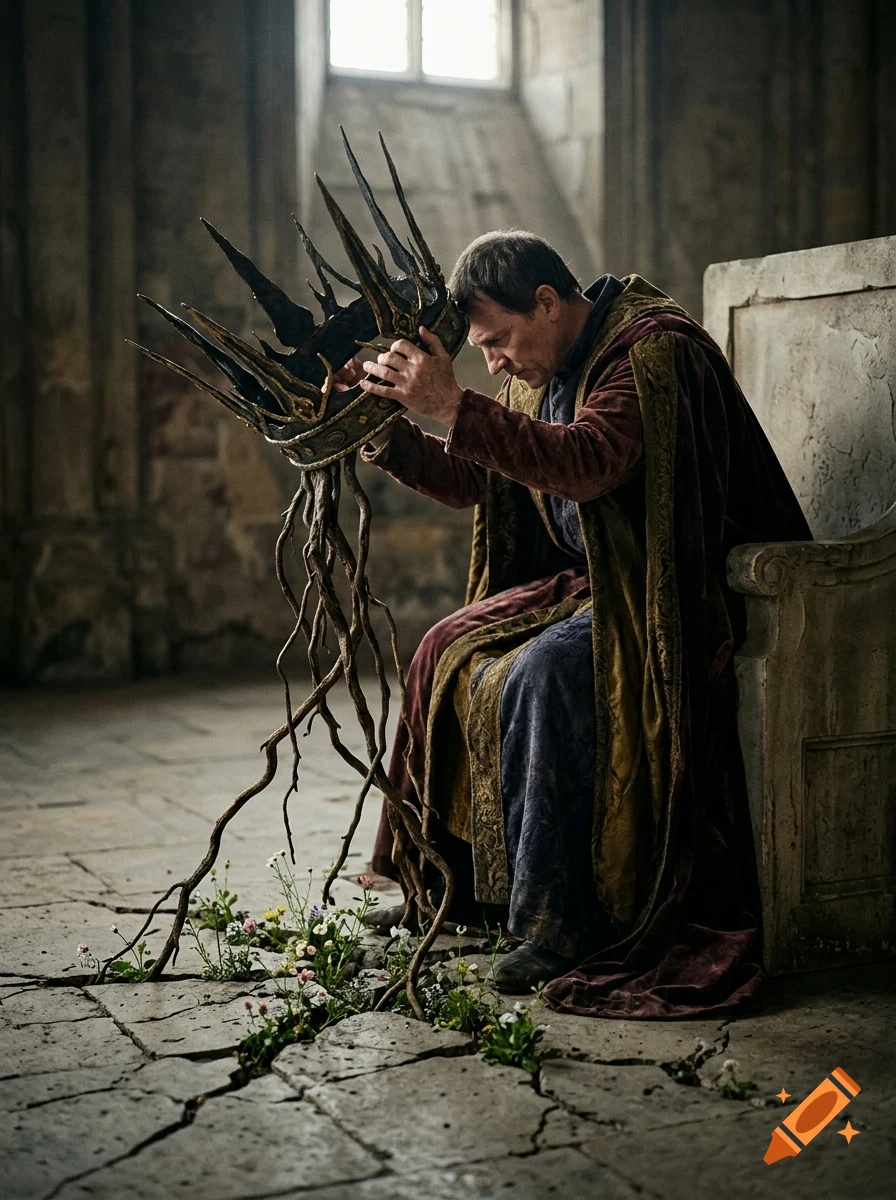 A man wearing medieval robes sits on a stone throne, holding a spiky root-like crown that extends down to flowers growing through cracks in the floor.