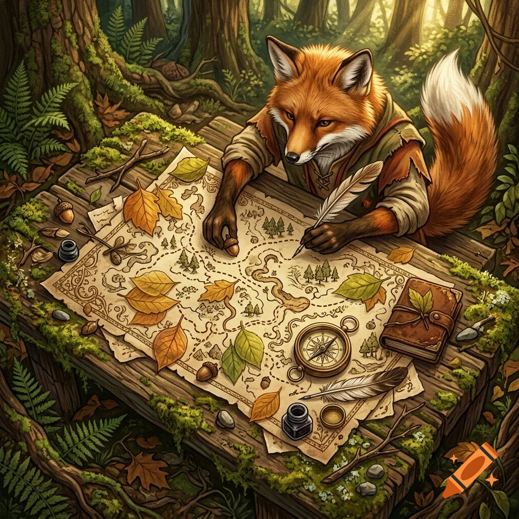 An anthropomorphic fox sitting at a wooden table in a forest, drawing on a large map with a quill.