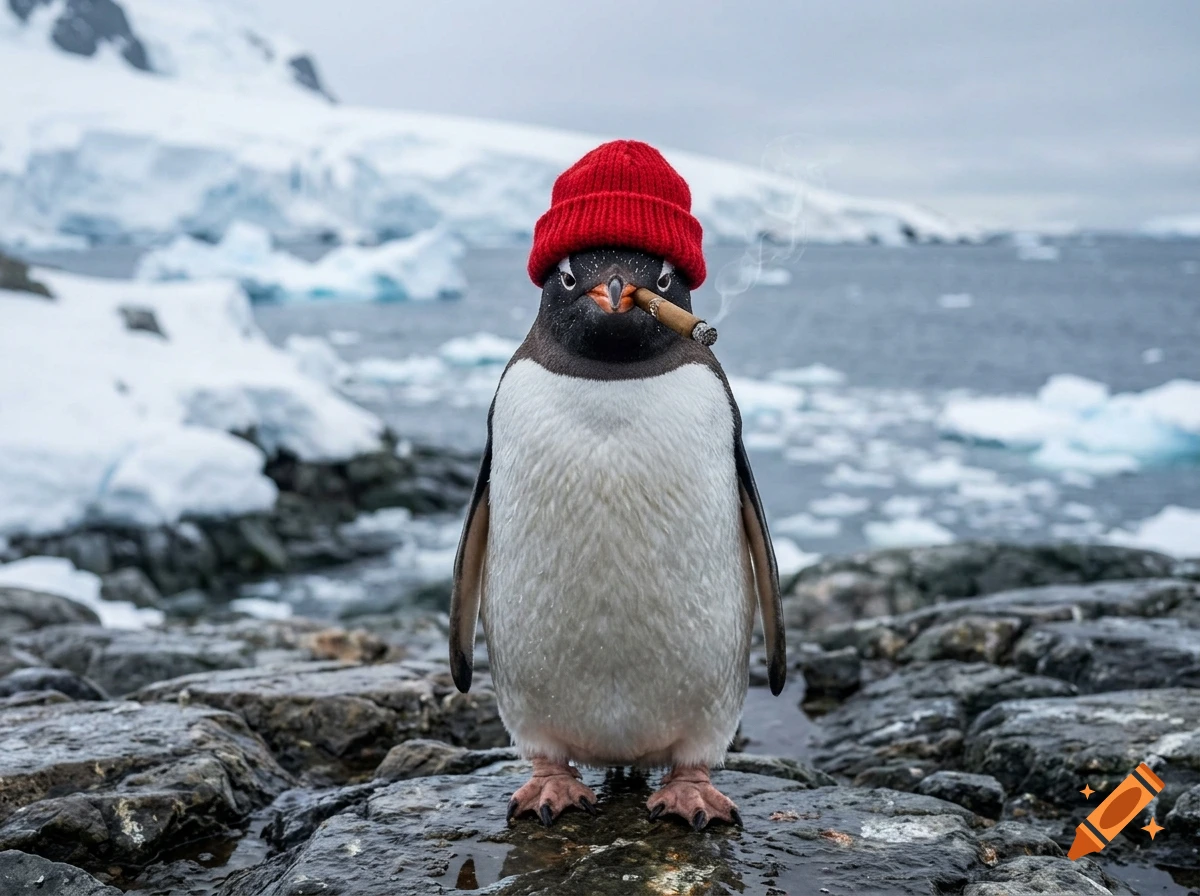 Photorealistic image of a penguin wearing a red winter beanie and smoking a cigar on a snowy rocky shore in Antarctica.