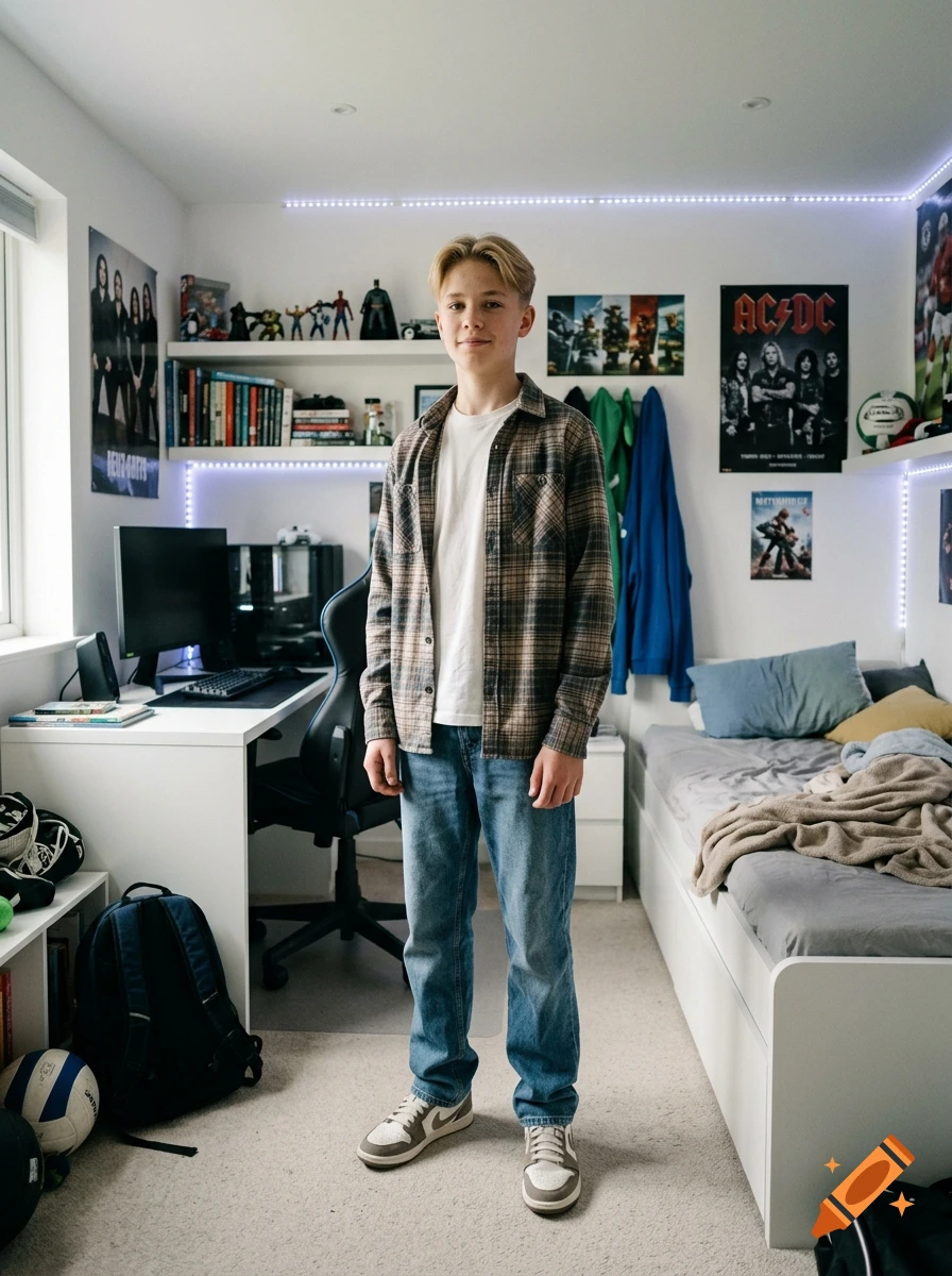 Photorealistic full-body portrait of a 14-year-old boy standing in his bedroom.