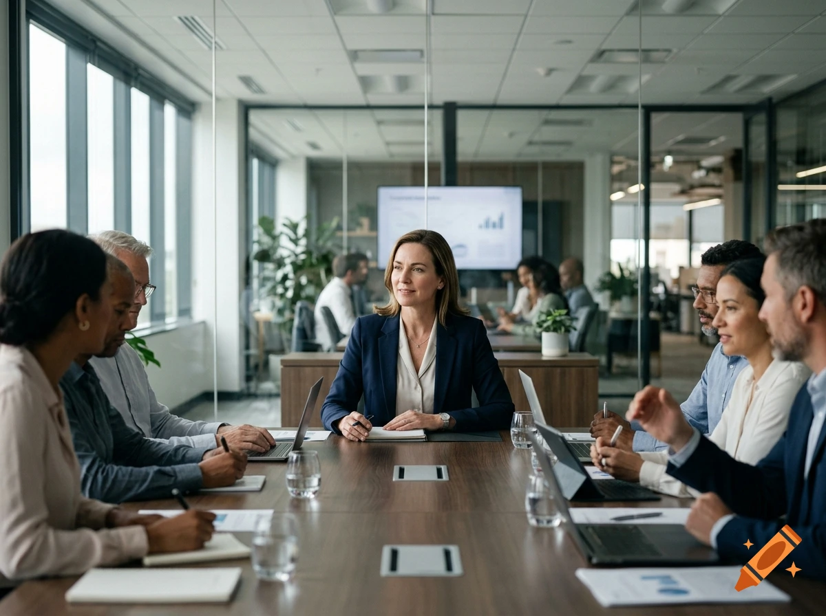 A female CEO sitting at the head of a conference table during a corporate meeting with employees.