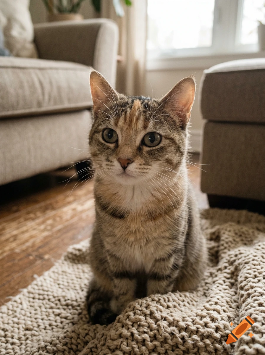 Photorealistic close-up of a cute tabby cat sitting on a knitted blanket indoors.