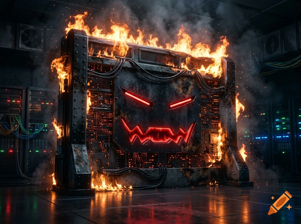 Photorealistic image of a metallic firewall server rack on fire with a glowing red evil face and the word WOW on the front.