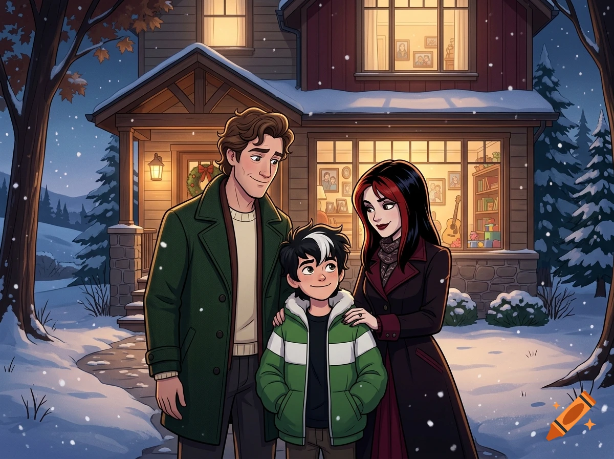 Animated illustration of a family of three standing outside a two-story wooden house in the snow at night.