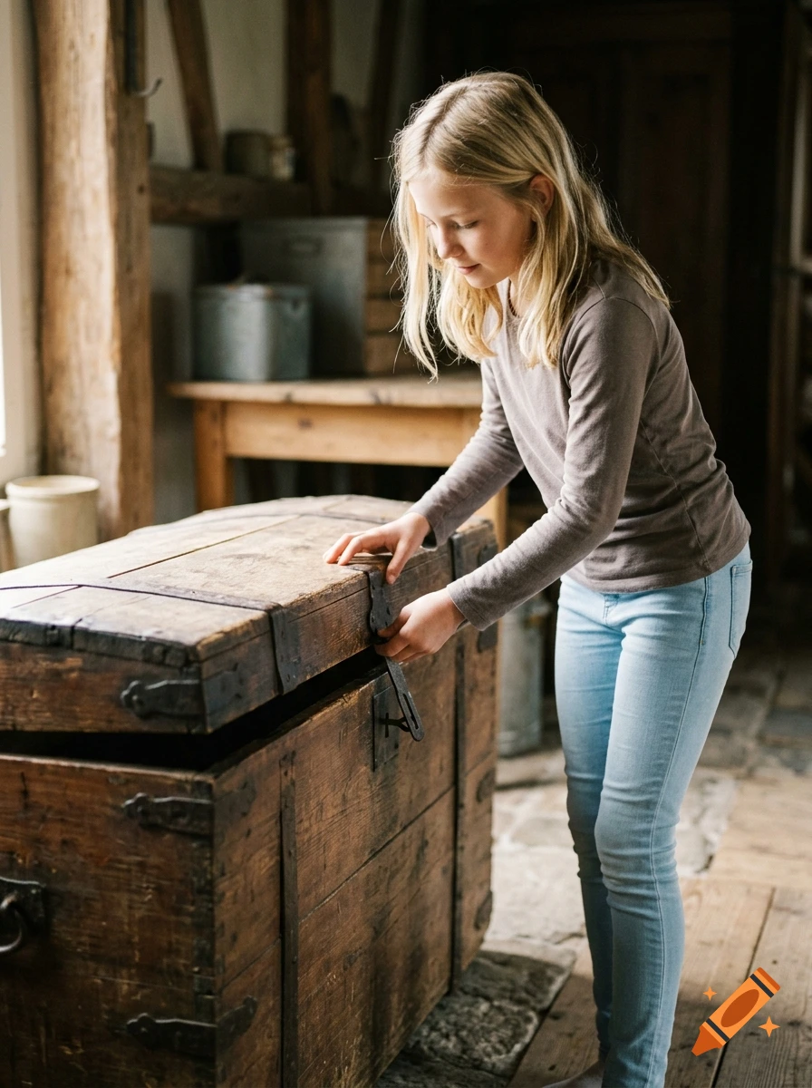 Photorealistic image of a young blonde girl in a grey long-sleeve shirt and tight blue jeans opening a large antique wooden chest.