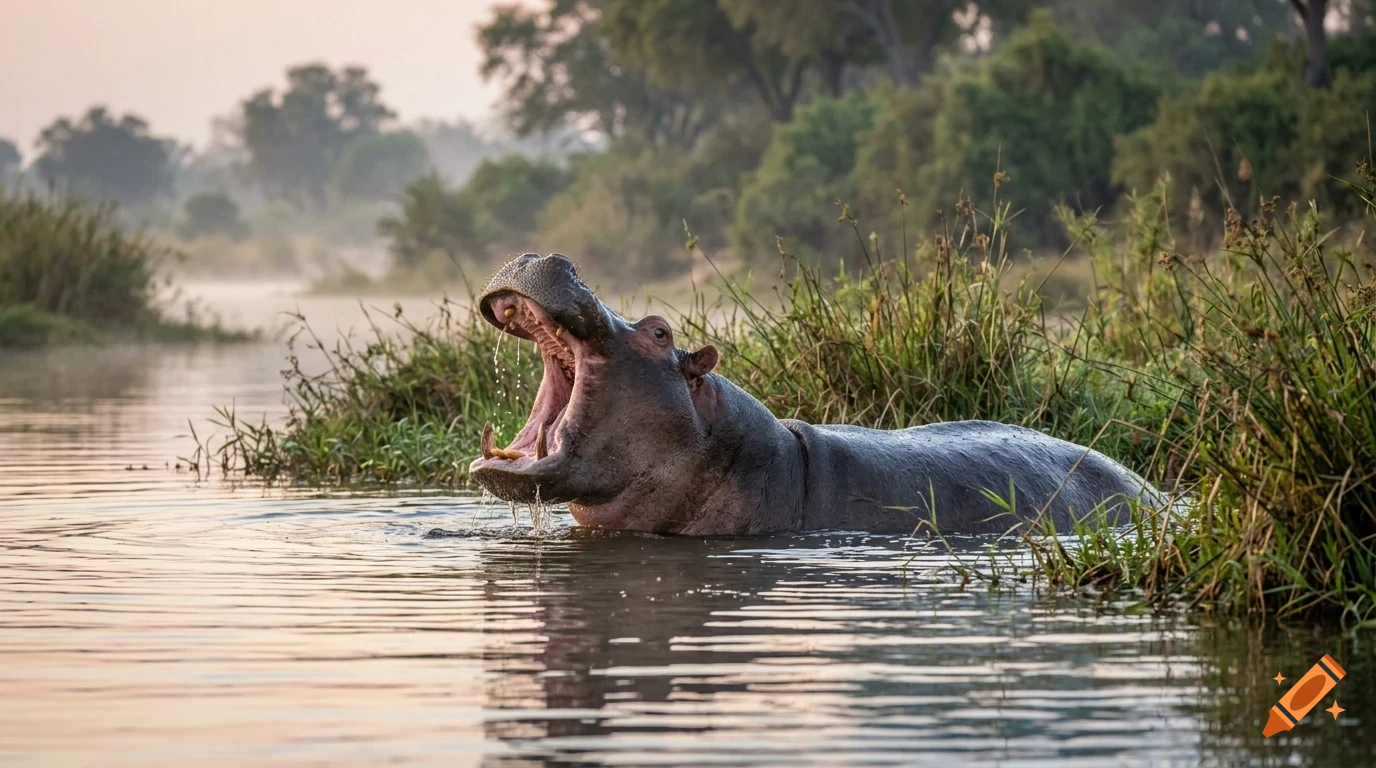 A hippopotamus with its mouth wide open in a river surrounded by grassy banks and trees at sunrise.