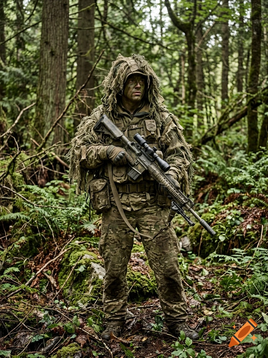 Photorealistic soldier in camouflage and a ghillie suit standing in a dense forest, holding a scoped rifle.
