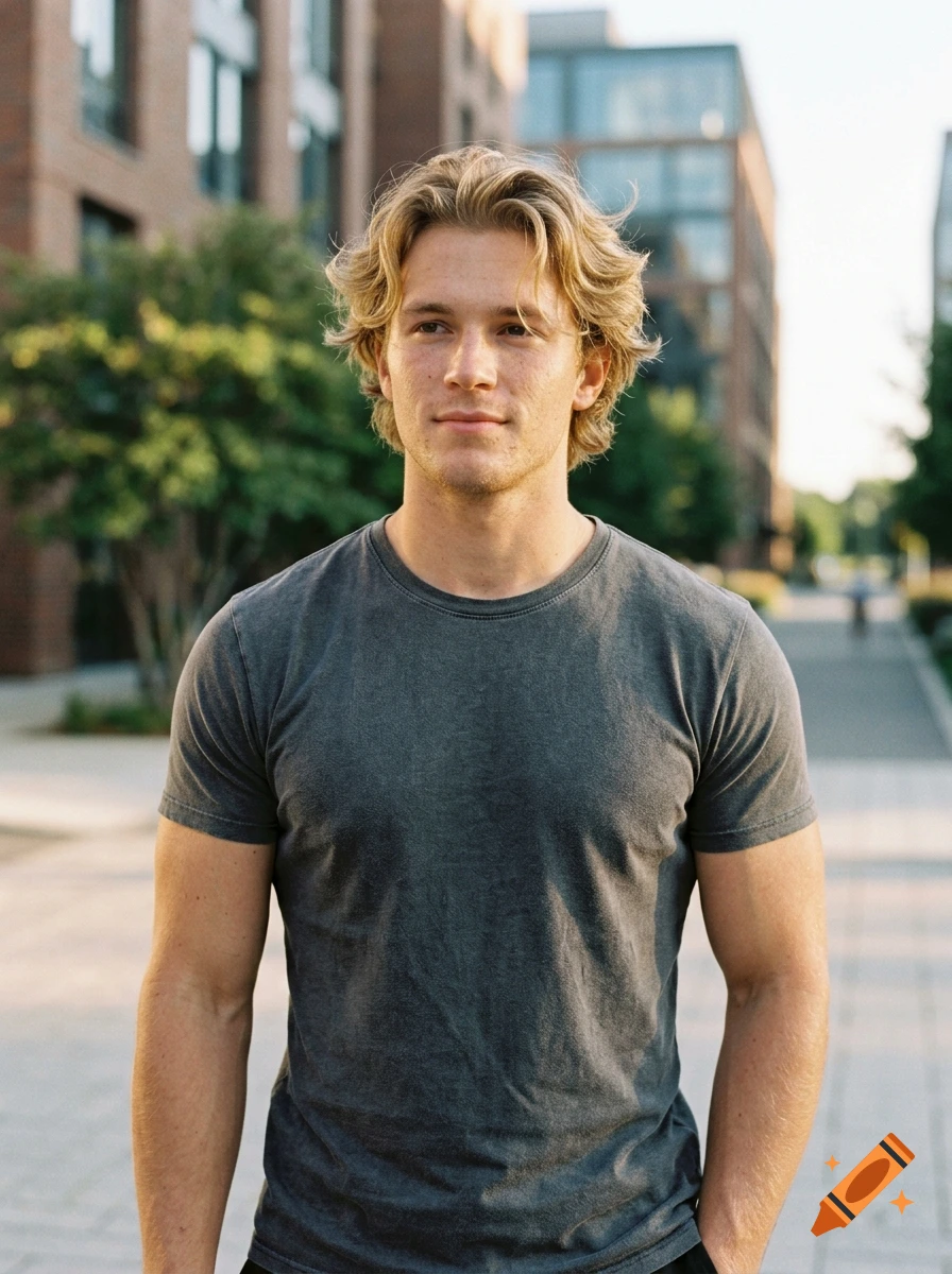 Photorealistic portrait of a young man with blonde wavy hair, wearing a grey t-shirt outdoors in an urban setting.
