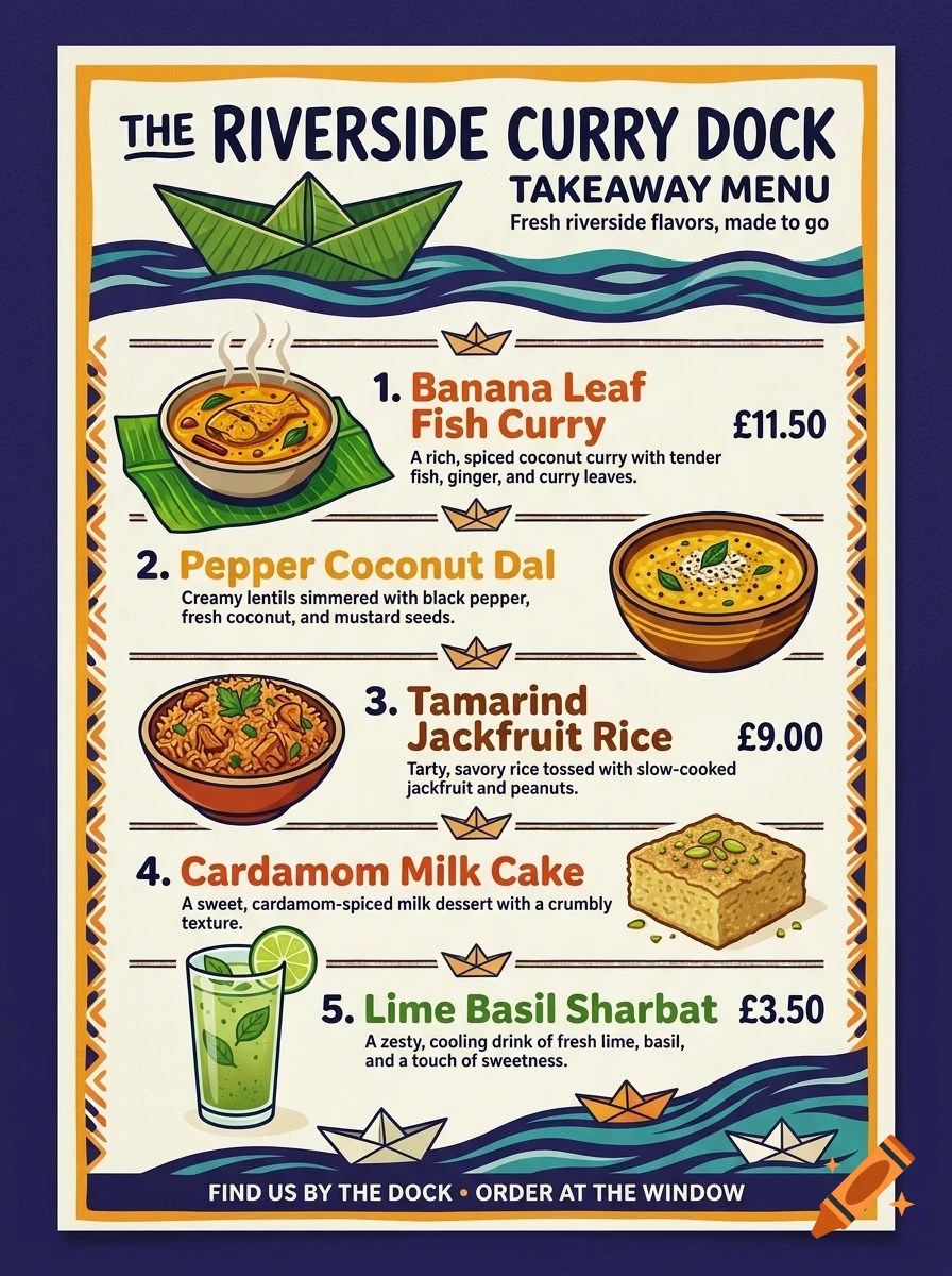An illustrated takeaway menu for The Riverside Curry Dock featuring various dishes like fish curry, dal, rice, milk cake, and sharbat.