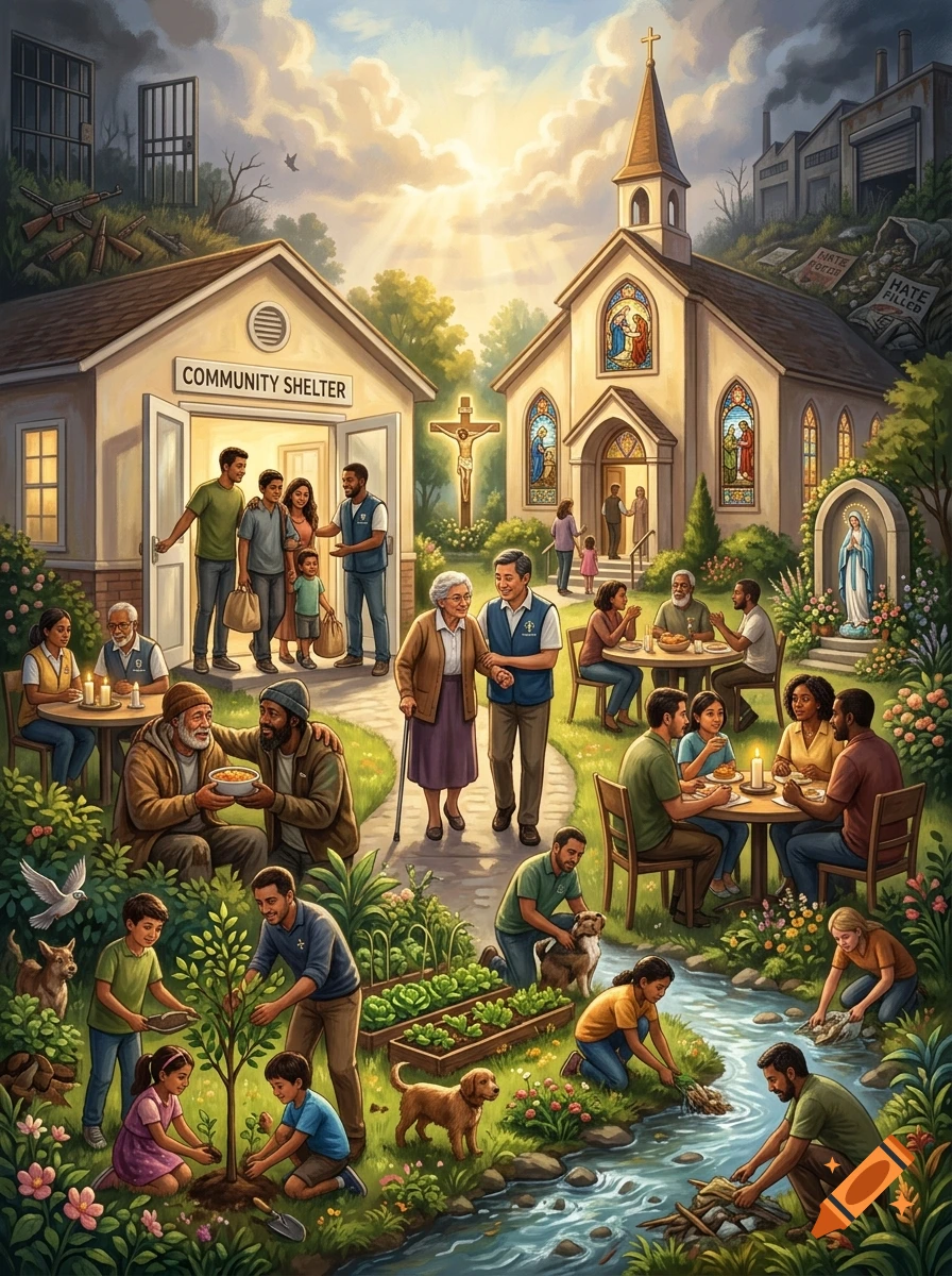 Digital illustration of a community and church showing people helping the poor, gardening, and sharing meals under a sunny sky.