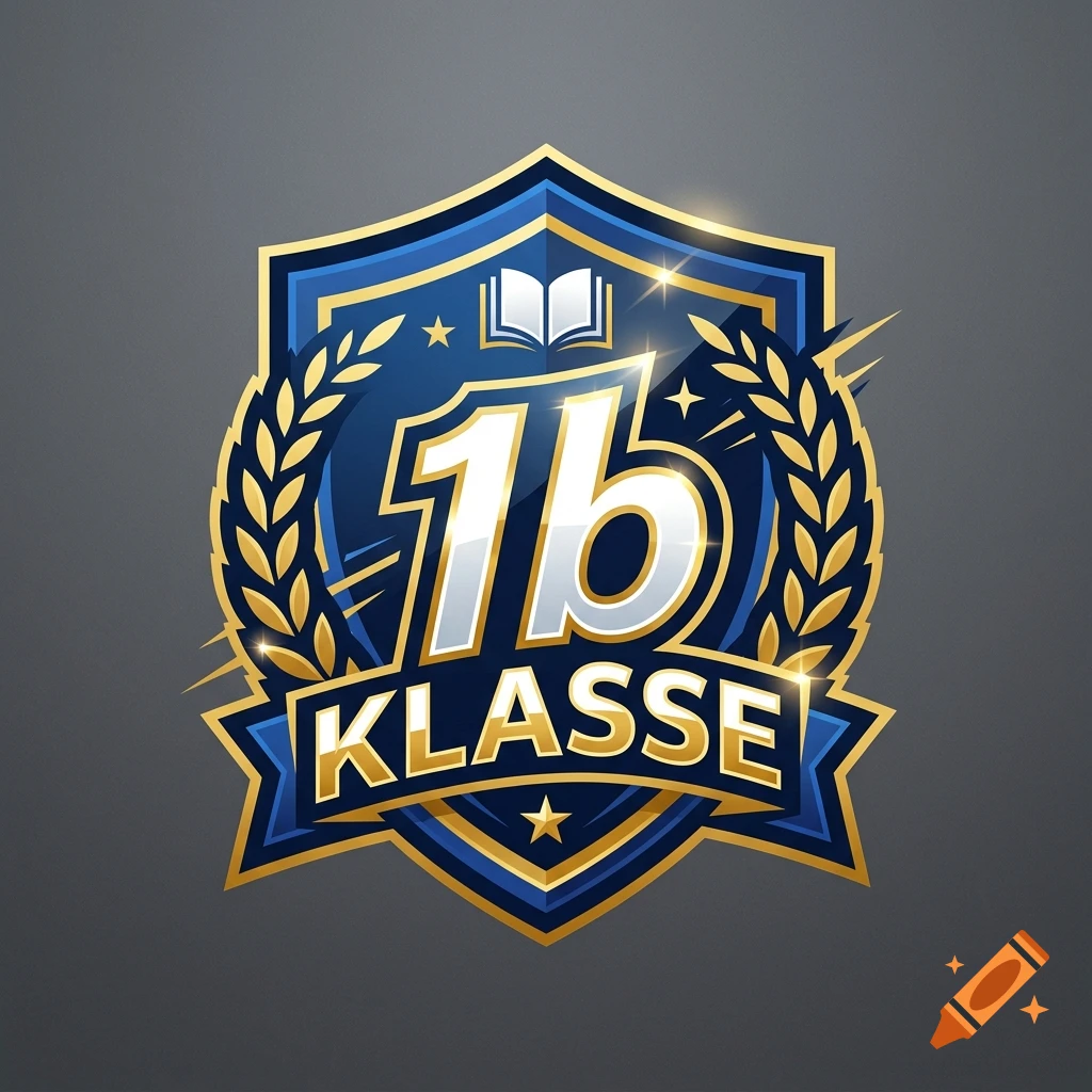 Shield-shaped blue and gold emblem with the text 1b KLASSE and an open book icon, vector style.