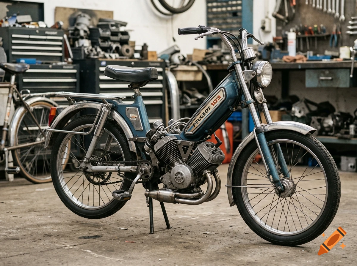 Modified vintage Peugeot 103 moped with a V-twin engine parked in a cluttered mechanic's workshop.