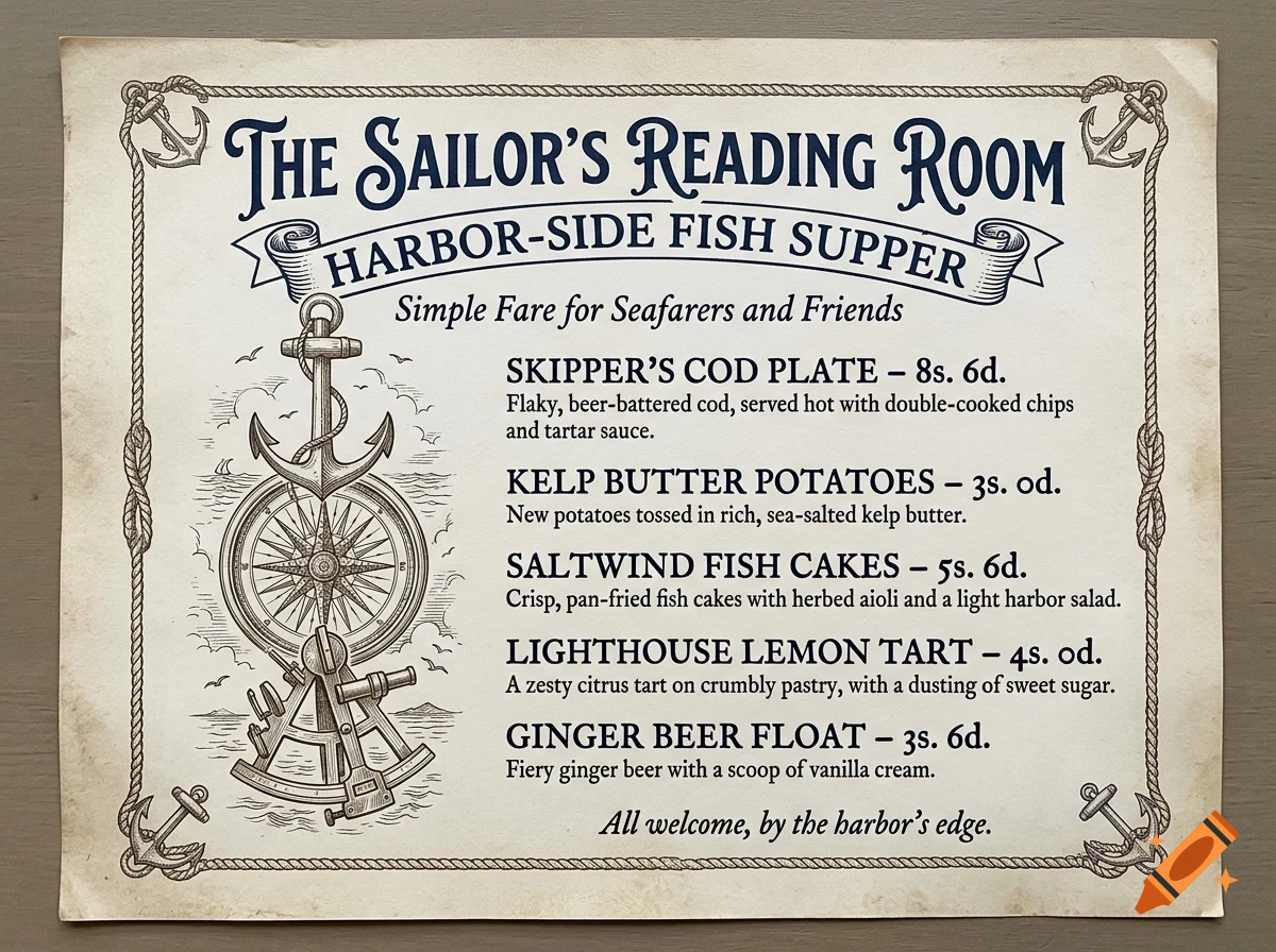 A vintage nautical-themed menu titled The Sailor's Reading Room with a rope and anchor border, compass graphic, and listed seafood dishes.