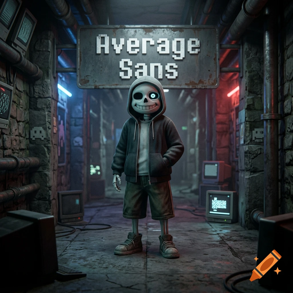 Sans from Undertale wearing a hoodie in a dark, atmospheric underground corridor with old CRT monitors, 3D render style