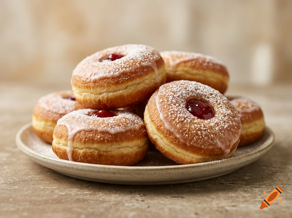 A close-up photograph of a pile of sugar-dusted Finnish piispanmunkki pastries with jam filling on a ceramic plate.