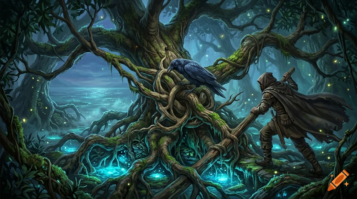 A hooded figure holds a staff near a large gnarled tree with glowing roots and a raven perched on it in a misty forest.