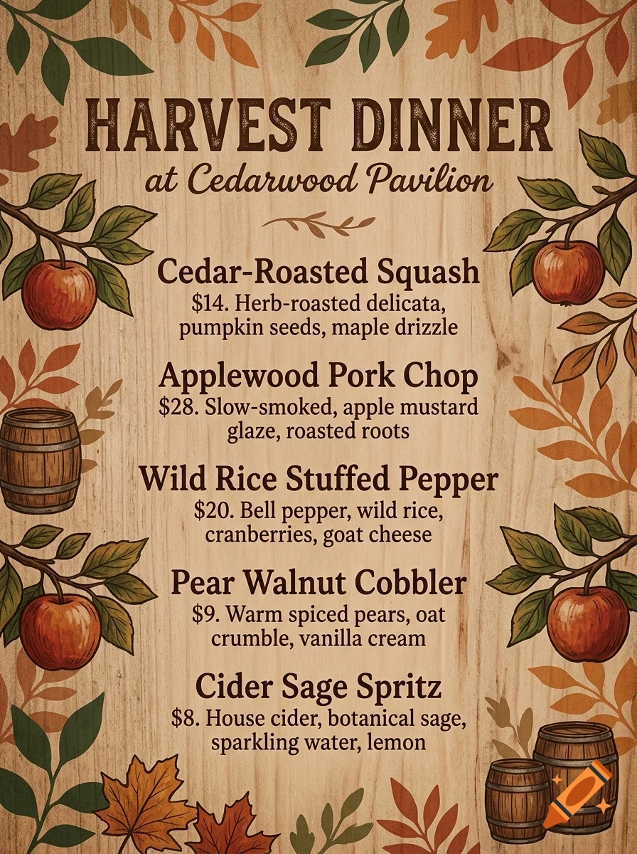 A harvest dinner menu flyer printed on a wood grain background, decorated with autumn leaves and apples.