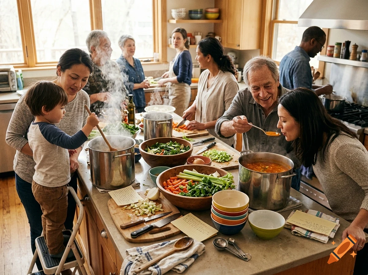 A large multi-generational family cooks together in a bright kitchen, chopping vegetables and stirring pots of food.