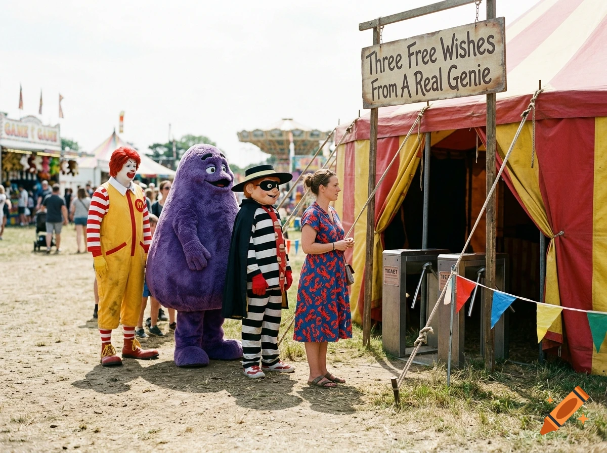 Photorealistic scene of Ronald McDonald, Grimace, Hamburglar, and a woman in a lobster dress standing in line at a carnival tent.