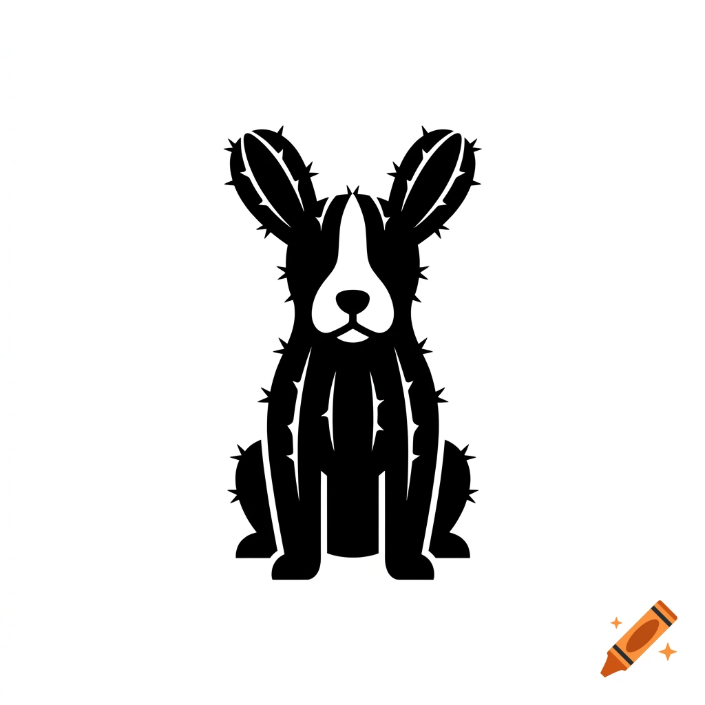 Black and white silhouette illustration of a dog with cactus ears and body, sitting on a white background.