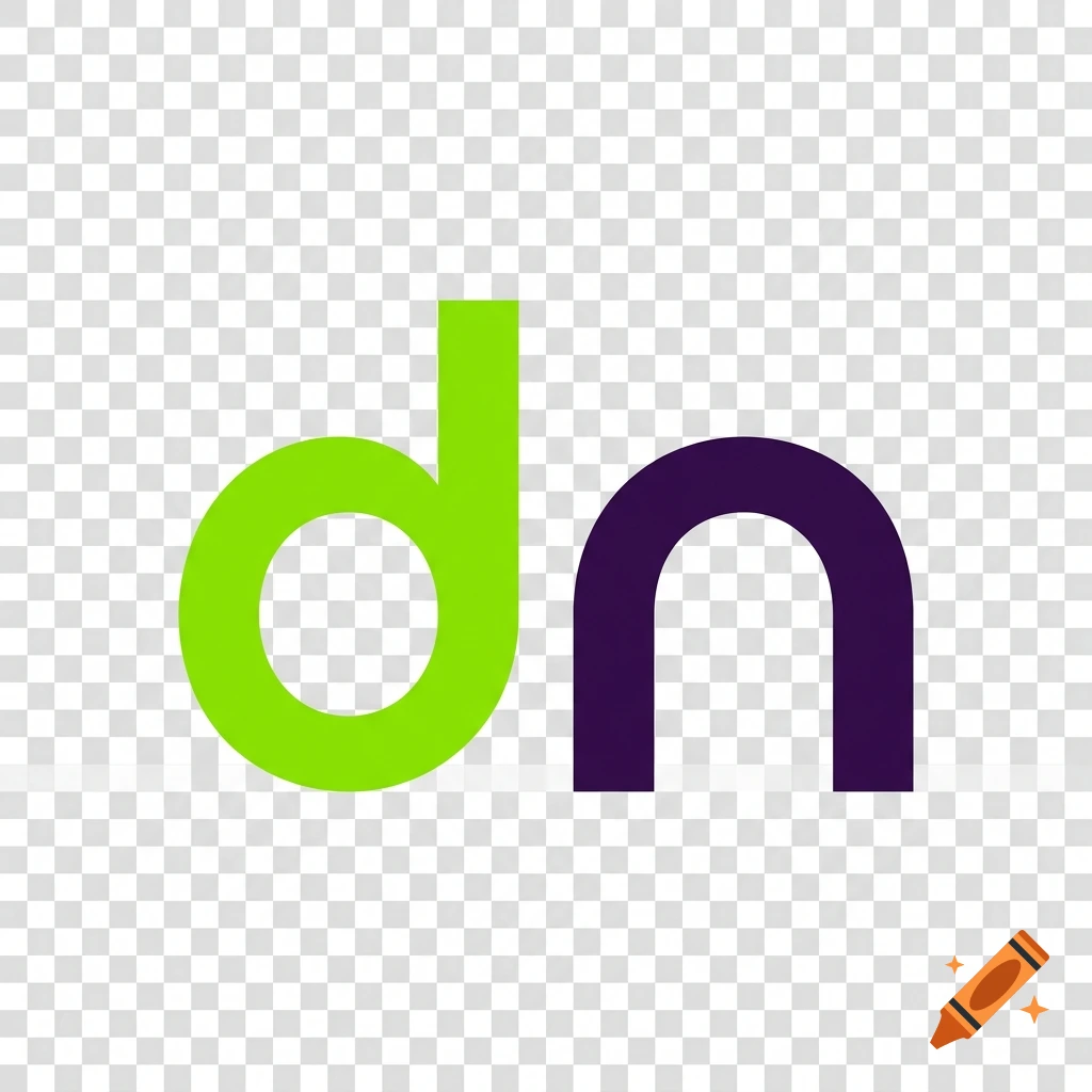 Lime green lowercase letter d and darker purple lowercase letter n on a transparent checkerboard background.