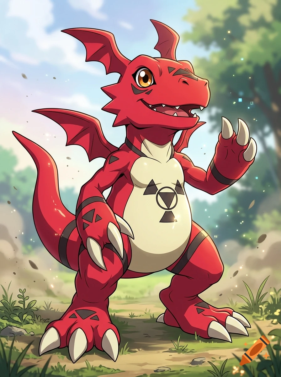 Full-body anime style illustration of Guilmon, a red dinosaur-like creature with wings and claws, standing on a path in a forest.