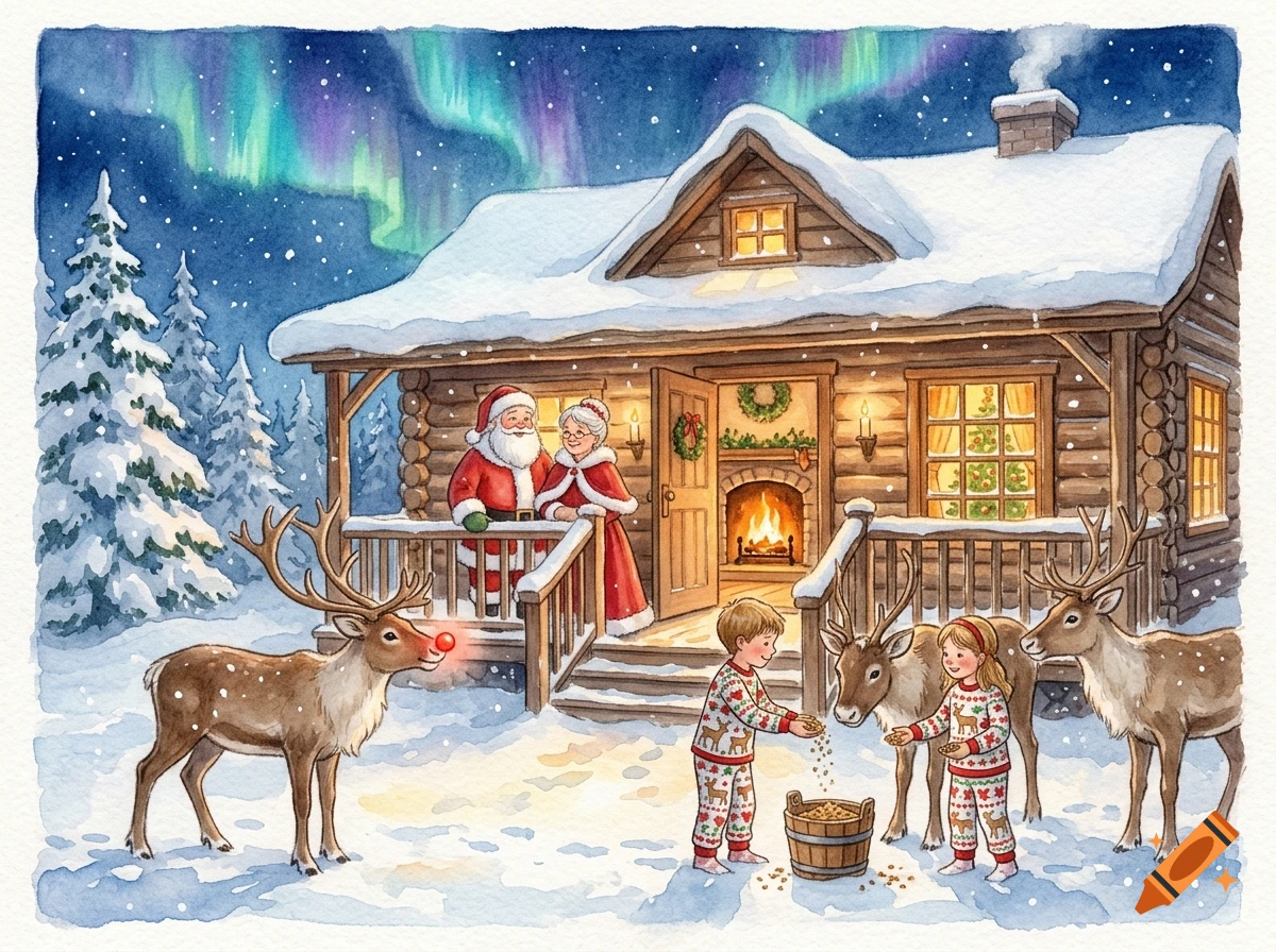 Watercolor illustration of Santa and Mrs. Claus on a cabin porch with children feeding reindeer in the snow under the northern lights.