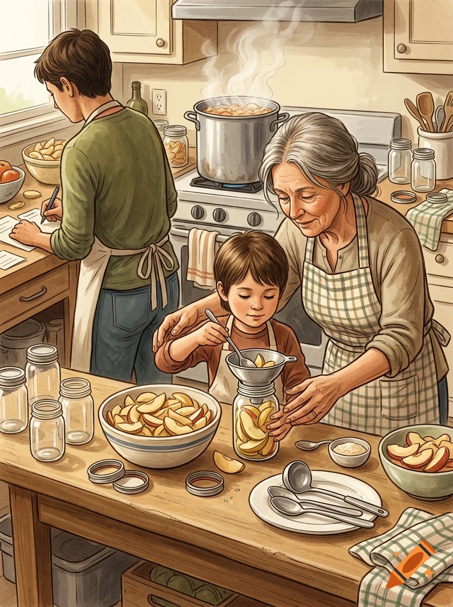 An elderly woman, a young child, and another person preparing food and canning peaches in a rustic kitchen.