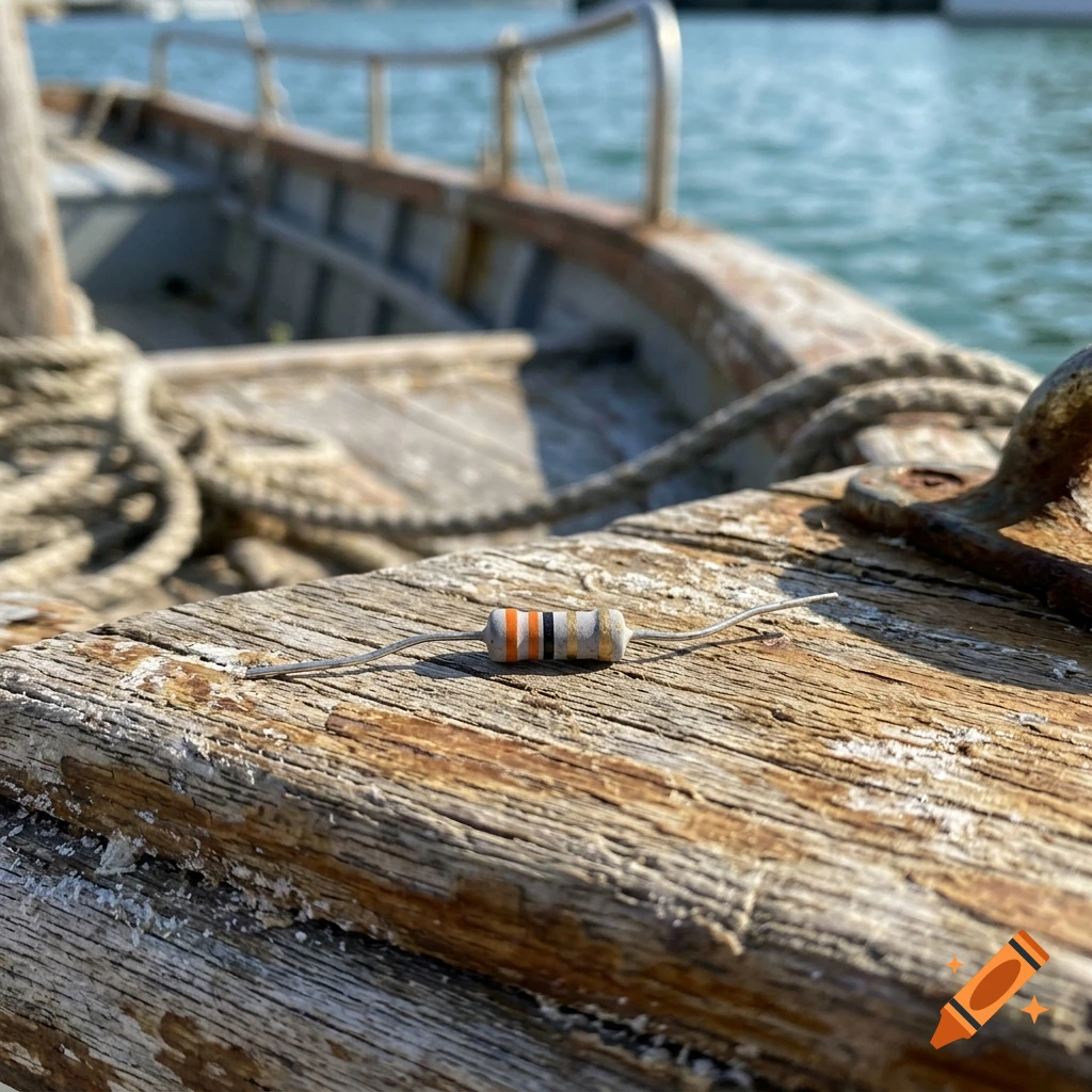 An electronic resistor rests on the weathered wooden surface of a boat with water in the background, photorealistic macro shot.