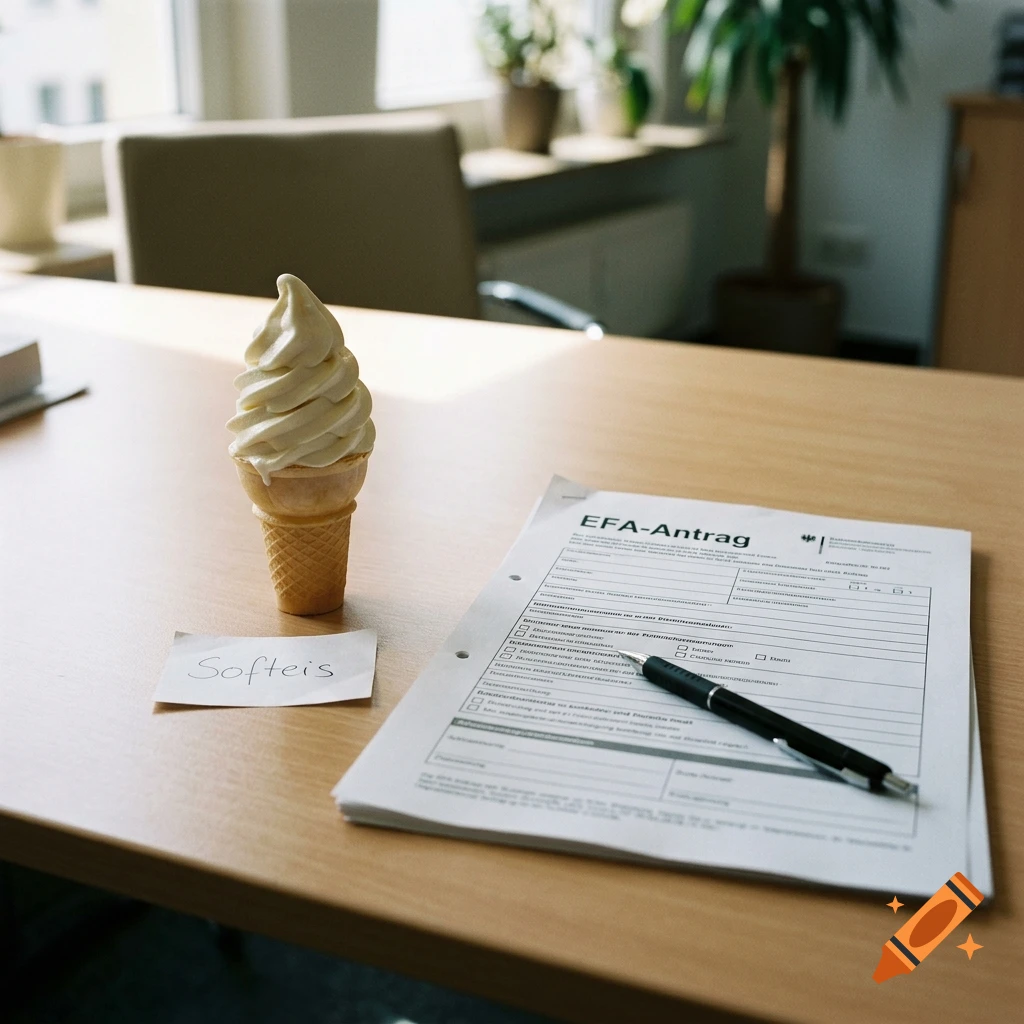 Photorealistic image of a soft-serve ice cream cone and a stack of documents titled EFA-Antrag on a wooden desk.