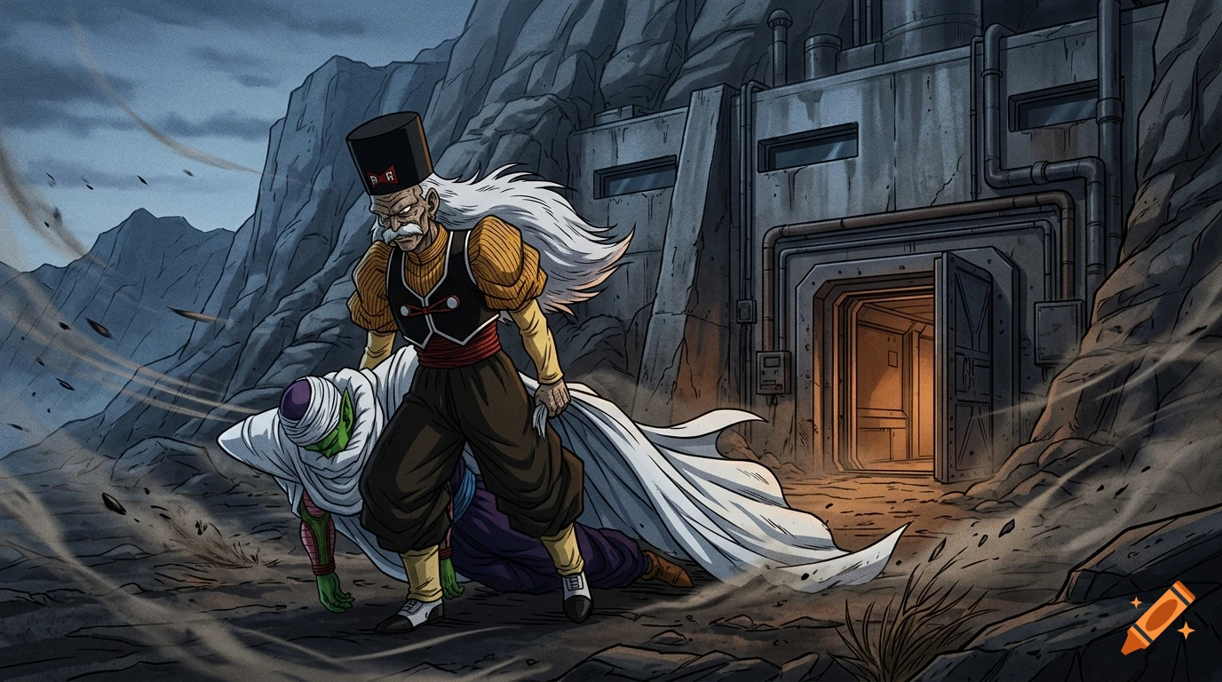 Doctor Gero dragging an unconscious Piccolo into his laboratory in an anime art style.