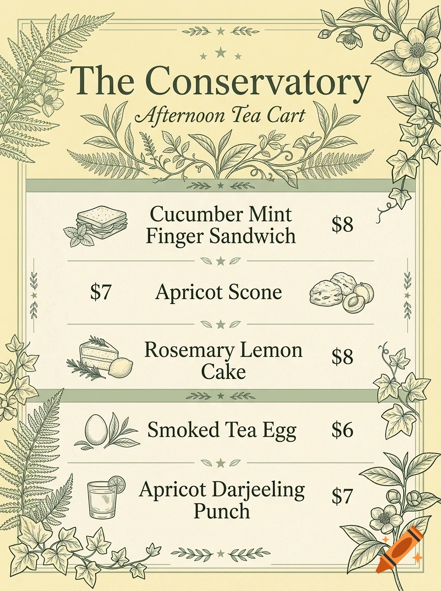 An illustrated menu titled The Conservatory Afternoon Tea Cart featuring food items, prices, and botanical borders.