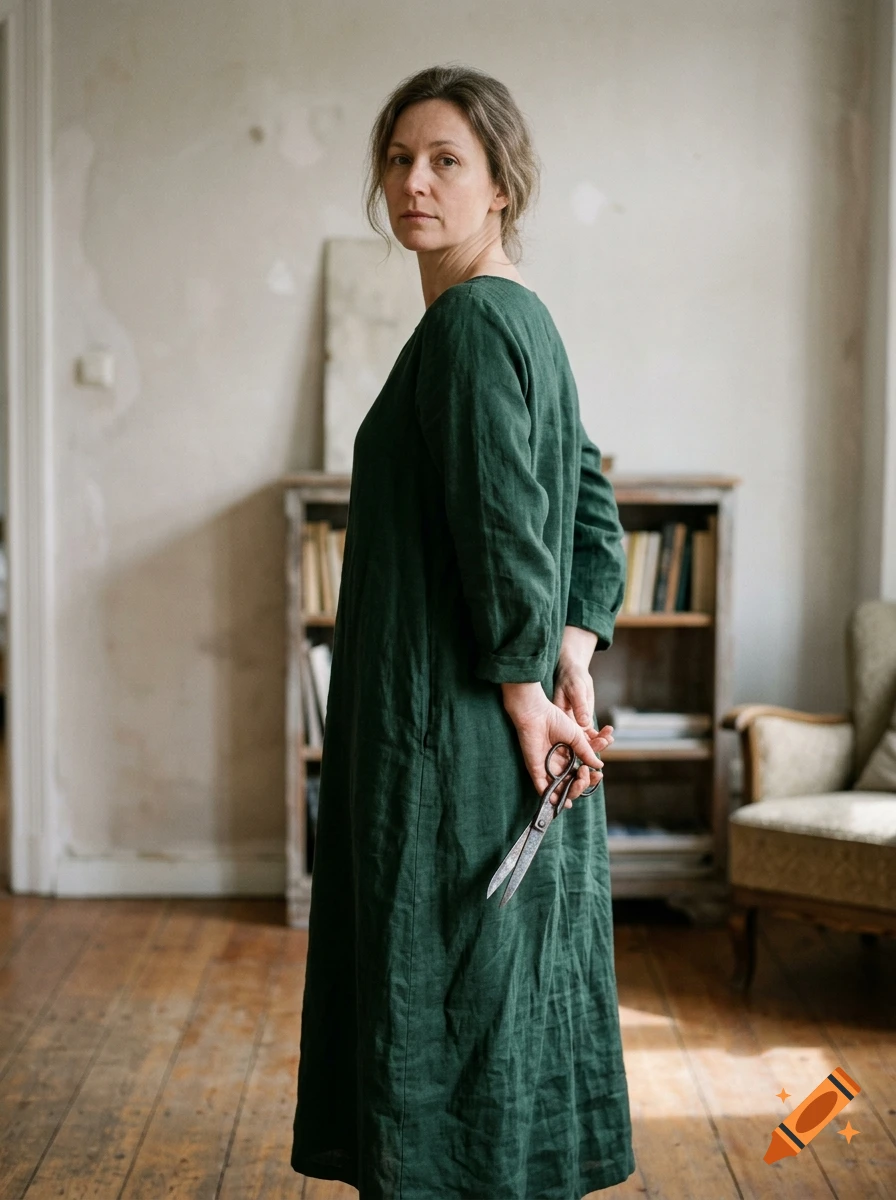 Photorealistic portrait of a woman in a green linen dress holding scissors behind her back in a rustic room.