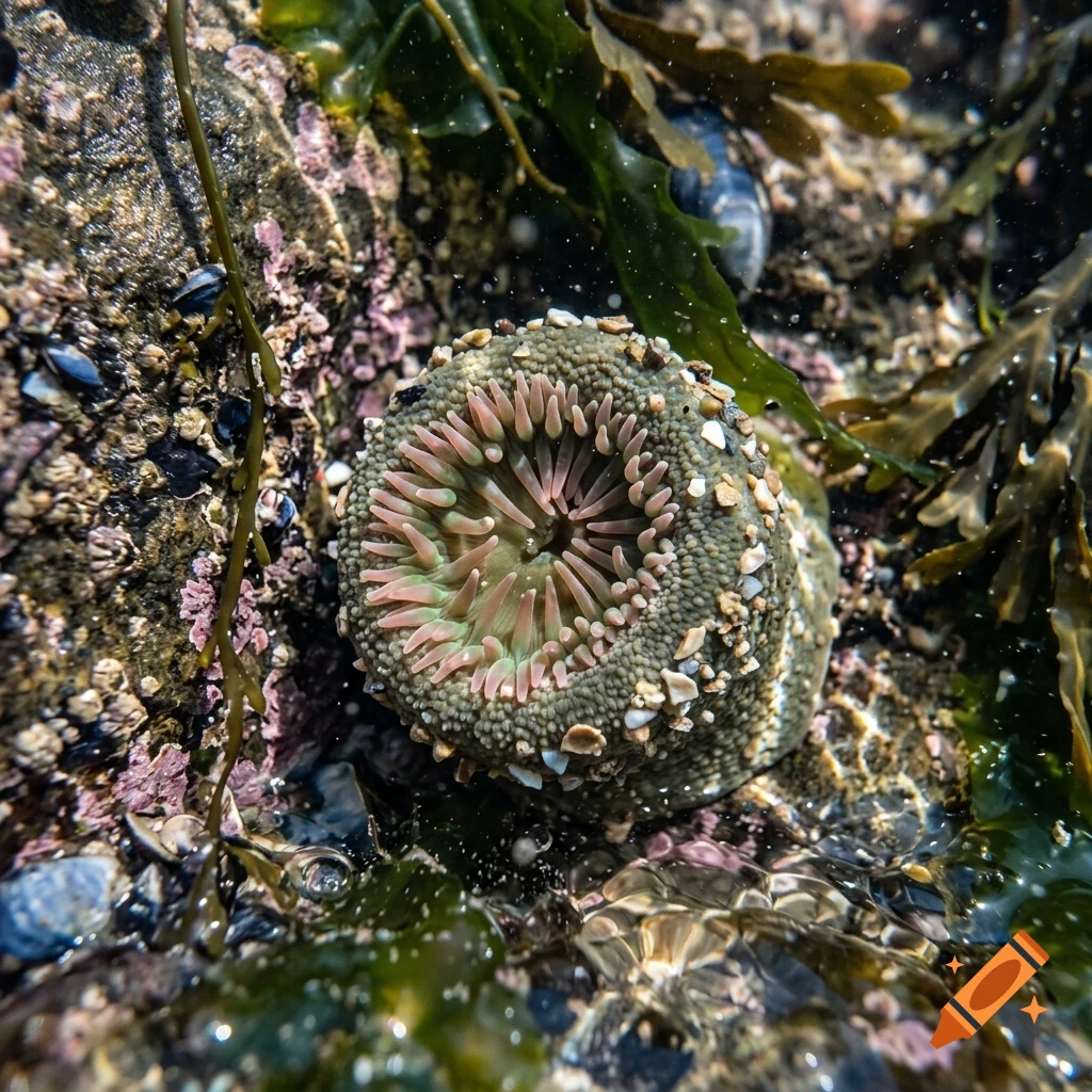 Close-up of a sea anemone attached to a rocky tide pool covered in small shells and seaweed.