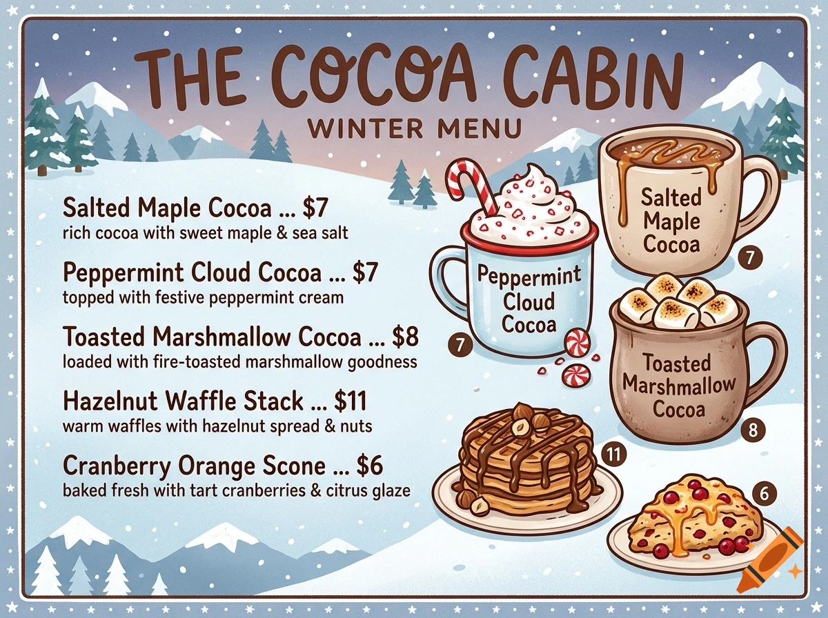 An illustrated winter menu for The Cocoa Cabin featuring cocoa drinks and snacks against a snowy mountain backdrop.