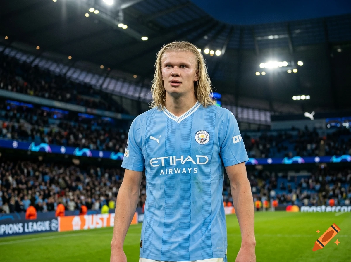 Erling Haaland in a Manchester City blue jersey on a football pitch inside a stadium.