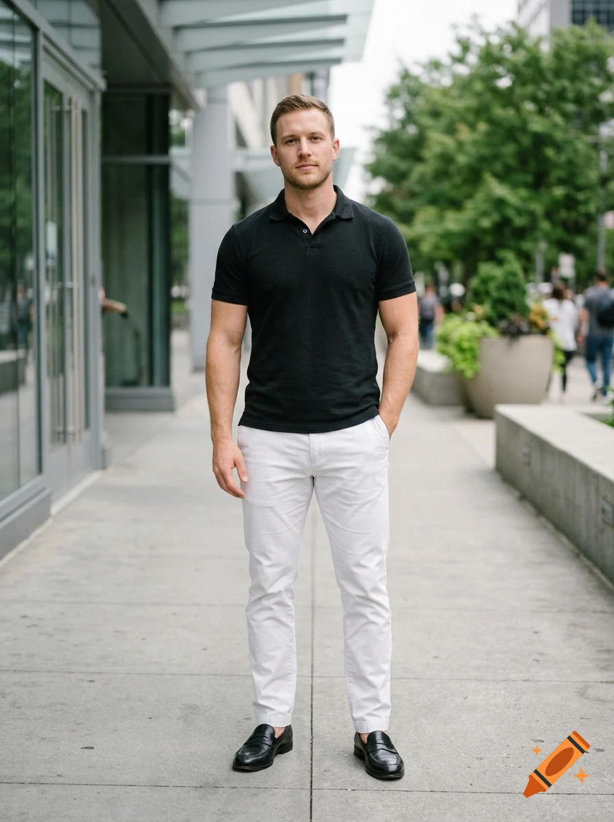 Photorealistic full-length shot of a muscular man standing on a city sidewalk wearing a black polo shirt, white pants, and loafers.