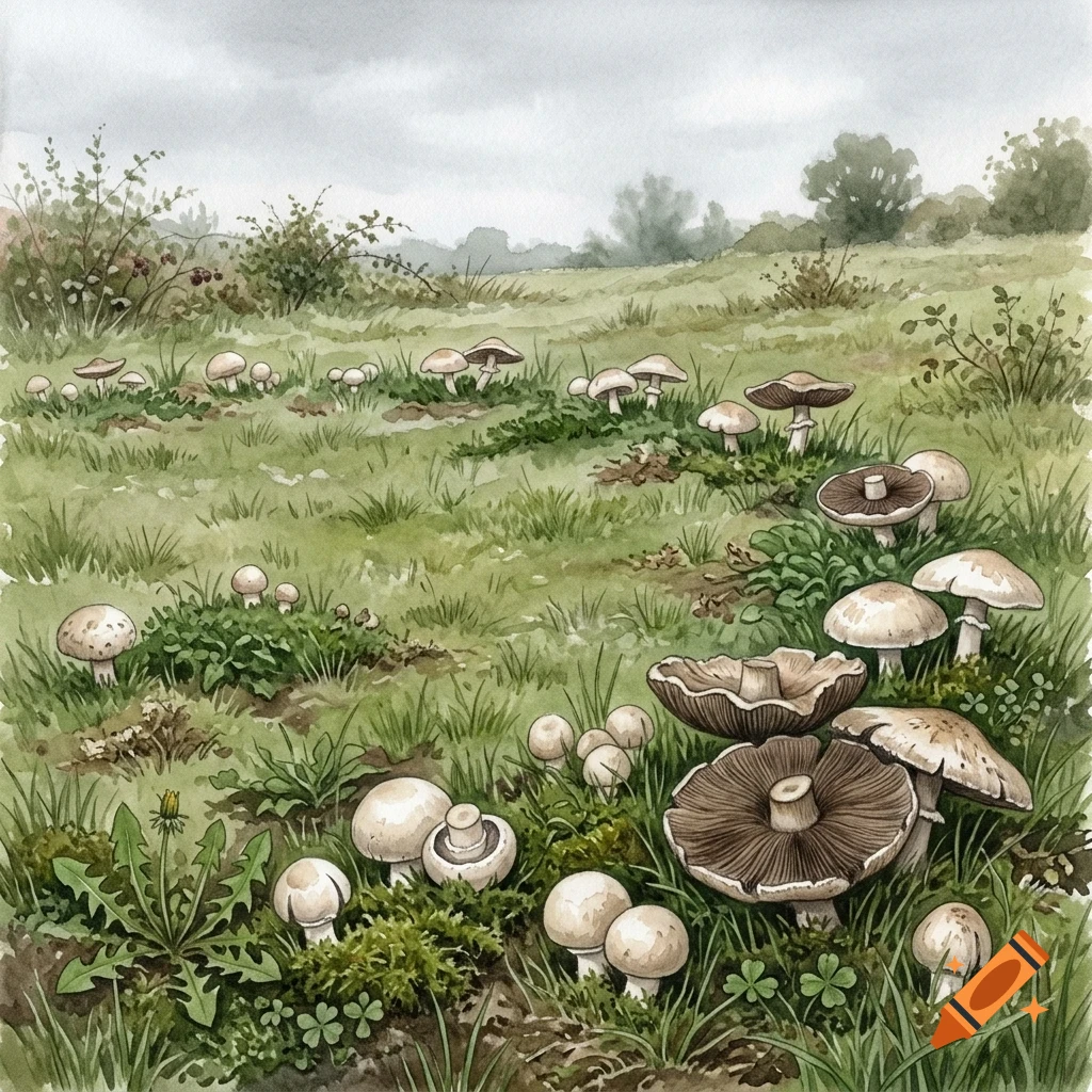 A watercolor painting showing a meadow with a curving ring of mushrooms growing in the grass under an overcast sky.