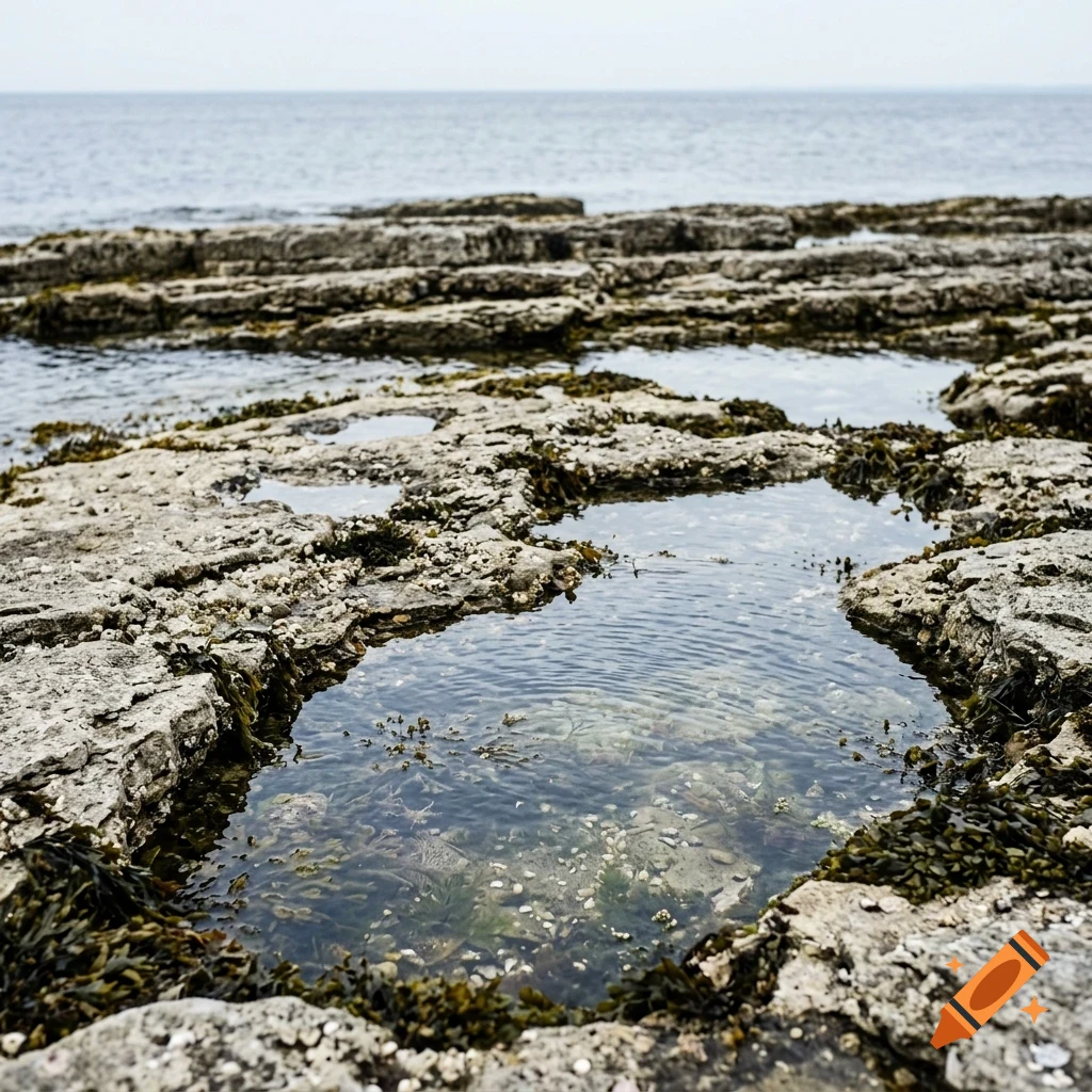 A rocky shoreline with a tide pool in the foreground and the ocean in the distance.