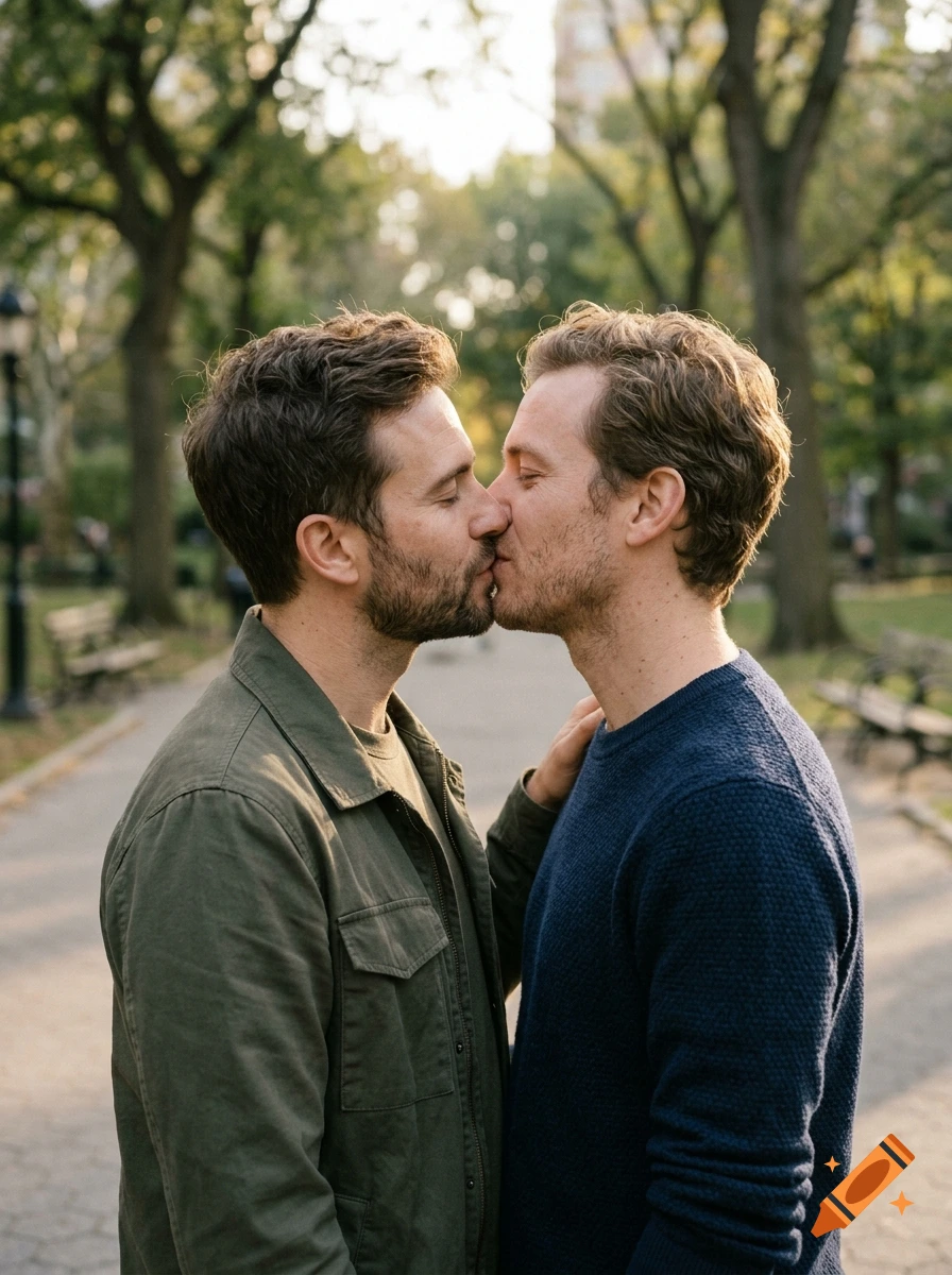 Photorealistic image of two men kissing on a park pathway surrounded by trees in autumn.