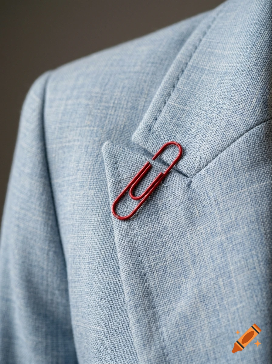 Close-up photorealistic shot of a red paperclip pinned to the lapel of a light blue textured blazer.